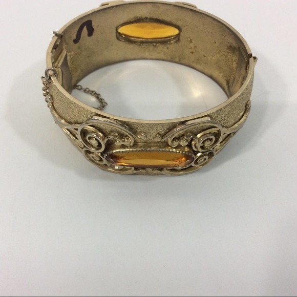 Vintage Whiting And Davis Bangle Bracelet Topaz Stones Safety Chain Art Nouveau - Picture 3 of 8